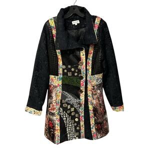 Adore Black Multicolor Abstract Print Button Up Textured Coat Womens Large